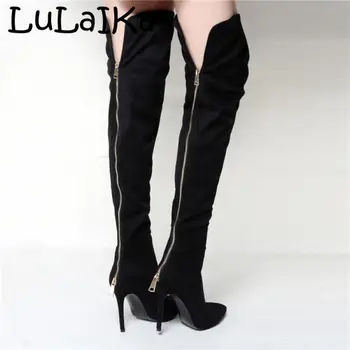

2020 Women's Autumn Winter New High Street Fashion PU Leather Pointed Back Zipper Sexy Wild Super High Heel Over Knee High Boots