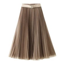 

2021 New High Waist Women's Mesh Pleated Skirts With Belt Spring Summer Gauze Elegant Office Female Mid-Length Skirt Saia