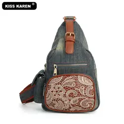 Kiss Karen/винтажная кружевная сумка на груди для женщин, джинсовая сумка на бретельках, повседневный модный дорожный кошелек, уникальный