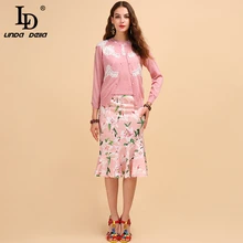 LD LINDA DELLA Fashion Runway Autumn Sets Women's Pink Long Sleeve Coat And Casual Printed Trumpet Mermaid Skirt Two Pieces Set LD LINDA DELLA Fashion Runway Autumn Sets Women's Pink Long Sleeve Coat And Casual Printed Trumpet Mermaid Skirt Two Pieces Set