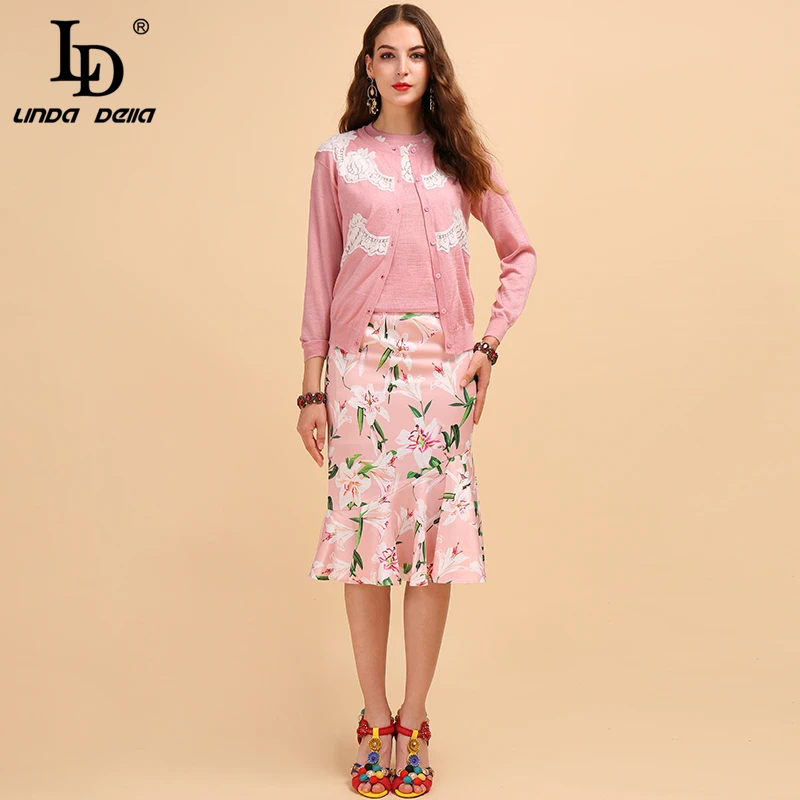 LD LINDA DELLA Fashion Runway Herfst Sets vrouwen Roze Lange Mouwen Jas En Casual Gedrukt Trompet Mermaid Rok Twee delige Set