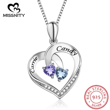 

Personalized Engraved 2 Names Necklace with Simulated Birthstone in 925 Sterling Silver Heart Custom Pendant Necklace for Women