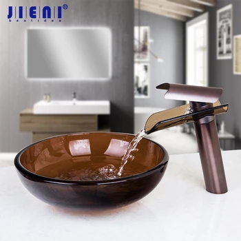 

JIENI Brown Round Hand Paint Bowl Sinks Vessel Basin Tempered Glass Sink Waterfall Faucet Tap Water Drain Bathroom Sink Set