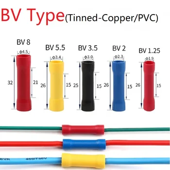 

5pcs BV1.25 BV2 BV3.5 BV5.5 BV8 Straight Butt Wire Terminal Splice Crimp PVC Full Insulated Copper Tube Cold Press Cable Connect