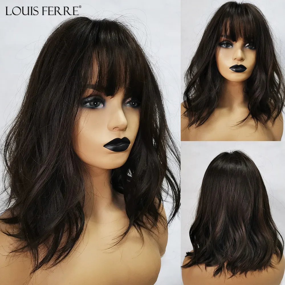 Wigs Bangs Short False-Hair Black Women Heat-Resistant-Fiber Water-Wave Louis Ferre 