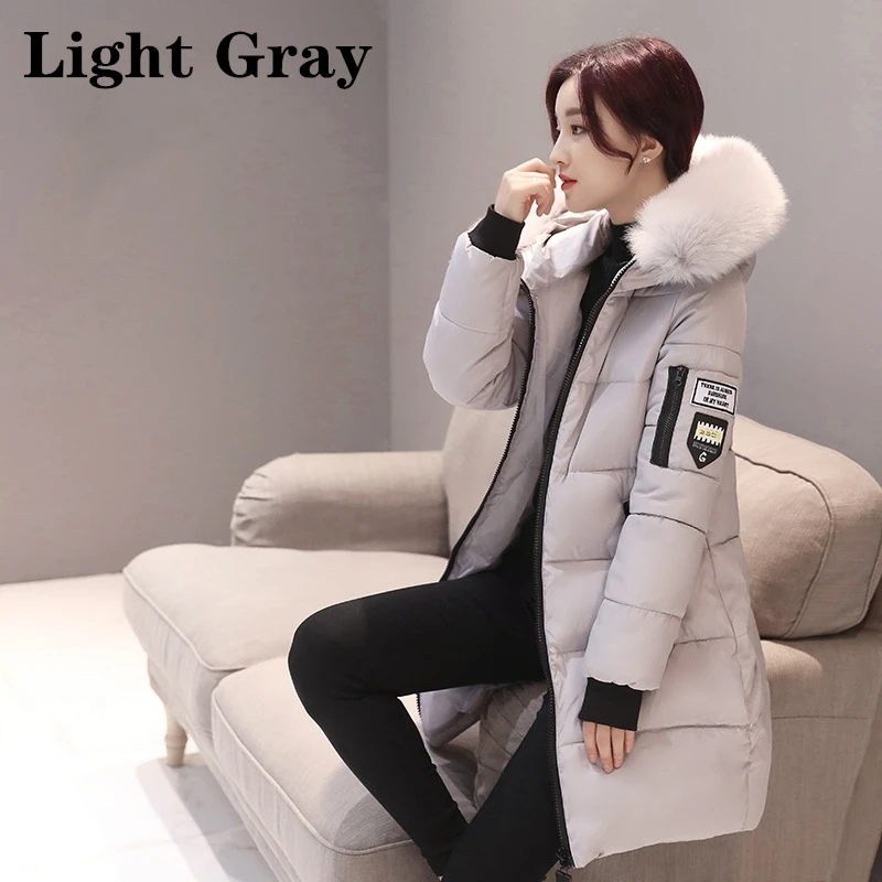 Light gray Новинка, парка, пальто для женщин, длинная хлопковая повседневная меховая куртка с капюшоном, женские зимние теплые парки, Женское пальто, пальто - Цвет: Light gray