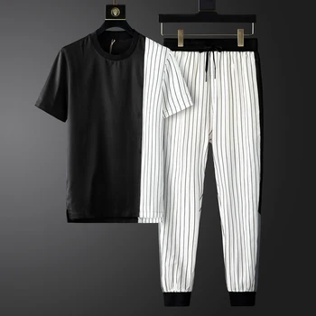

(t-shirt+pants) Summer Mens Luxury Black White Splicing Stripe Short Sleeve Fashion Slim Fit Male Sets 3XL