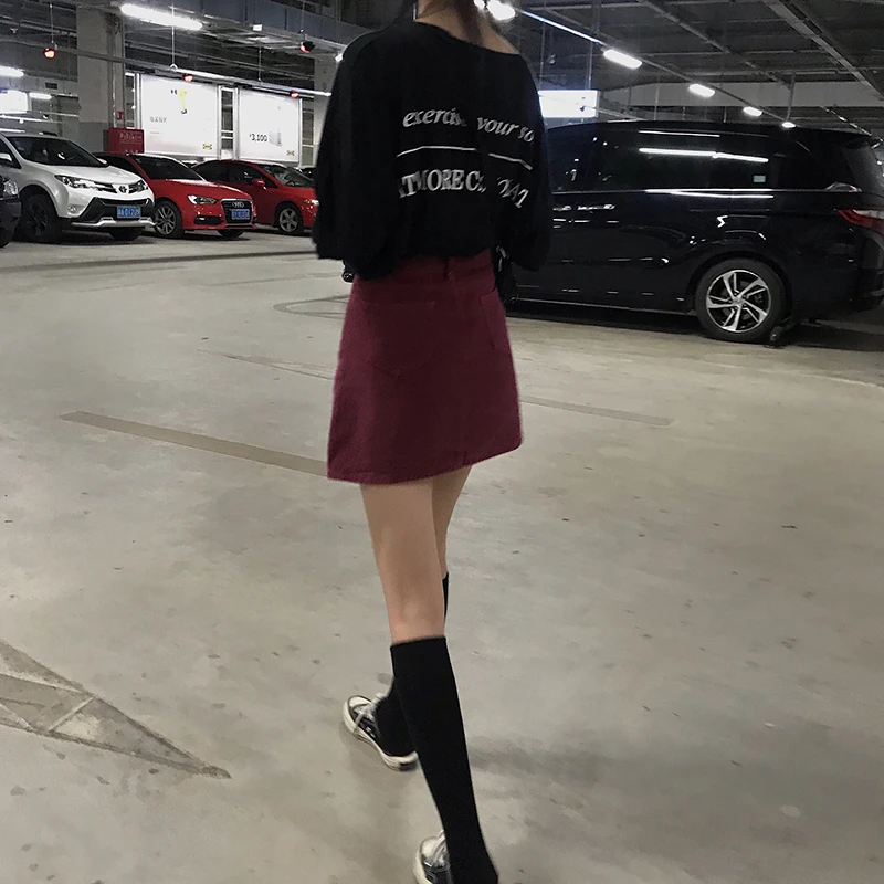 Юбки женские бордовые плотная мини-юбка корейский стиль Новые Модные женские джинсовые с высокой талией удобные студенческие Harajuku досуг