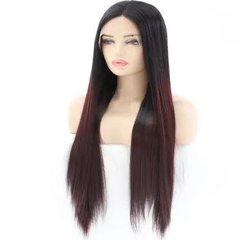 

Black To Darek Brown Ombre Long Straight High Temperature Fiber Synthetic Lace Front Wig With Natural Hairline For Women Wigs