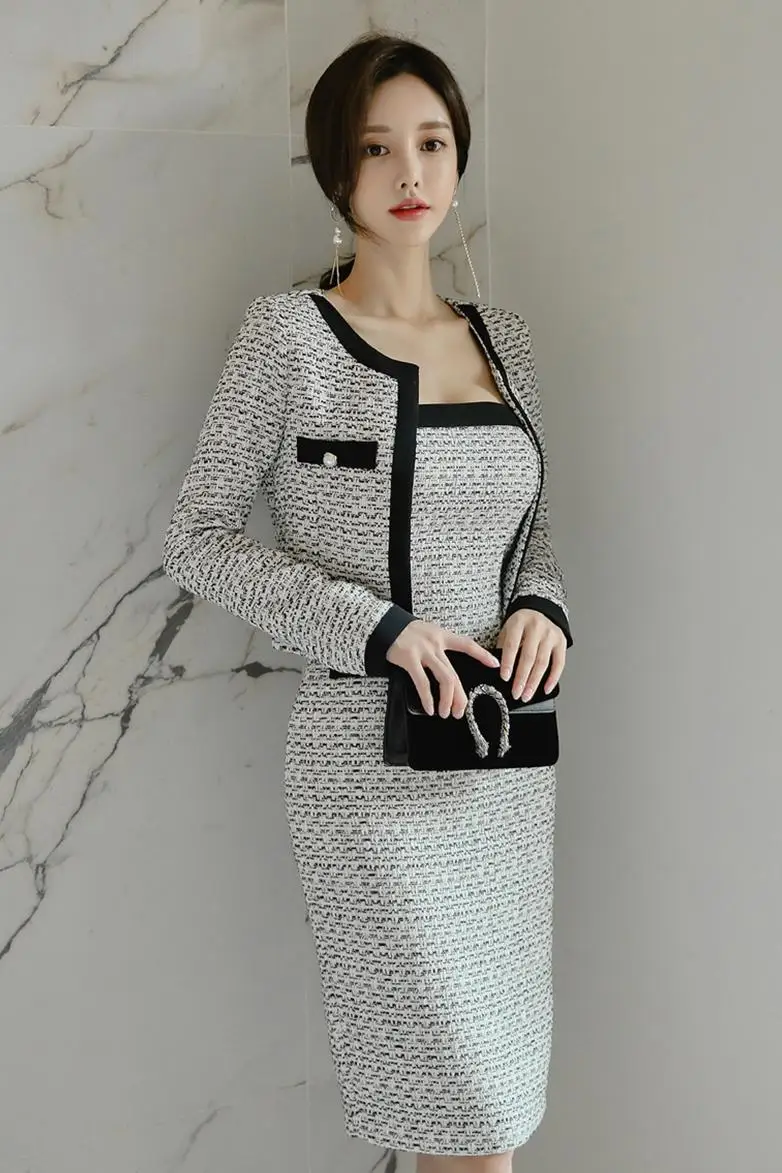 Осенне-зимний модный твидовый комплект из 2 предметов, женская короткая куртка и пальто без бретелек, облегающее платье-карандаш, одежда OL