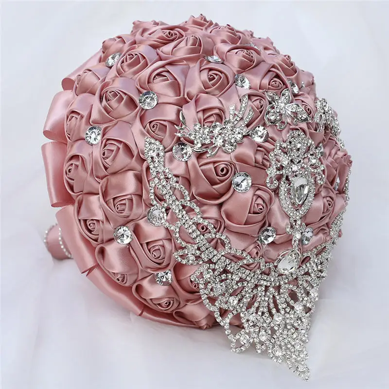 Великолепные Стразы, свадебные букеты, Обнаженная розовая шелковая Роза, букет невесты, букет невесты ручной работы, de marie W287