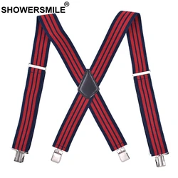 SHOWERSMILE Red Stripe Suspenders Wide 5cm Braces Suspender For Men 4 Clips X Back Elastic Business Male Shirt Suspenders 120cm