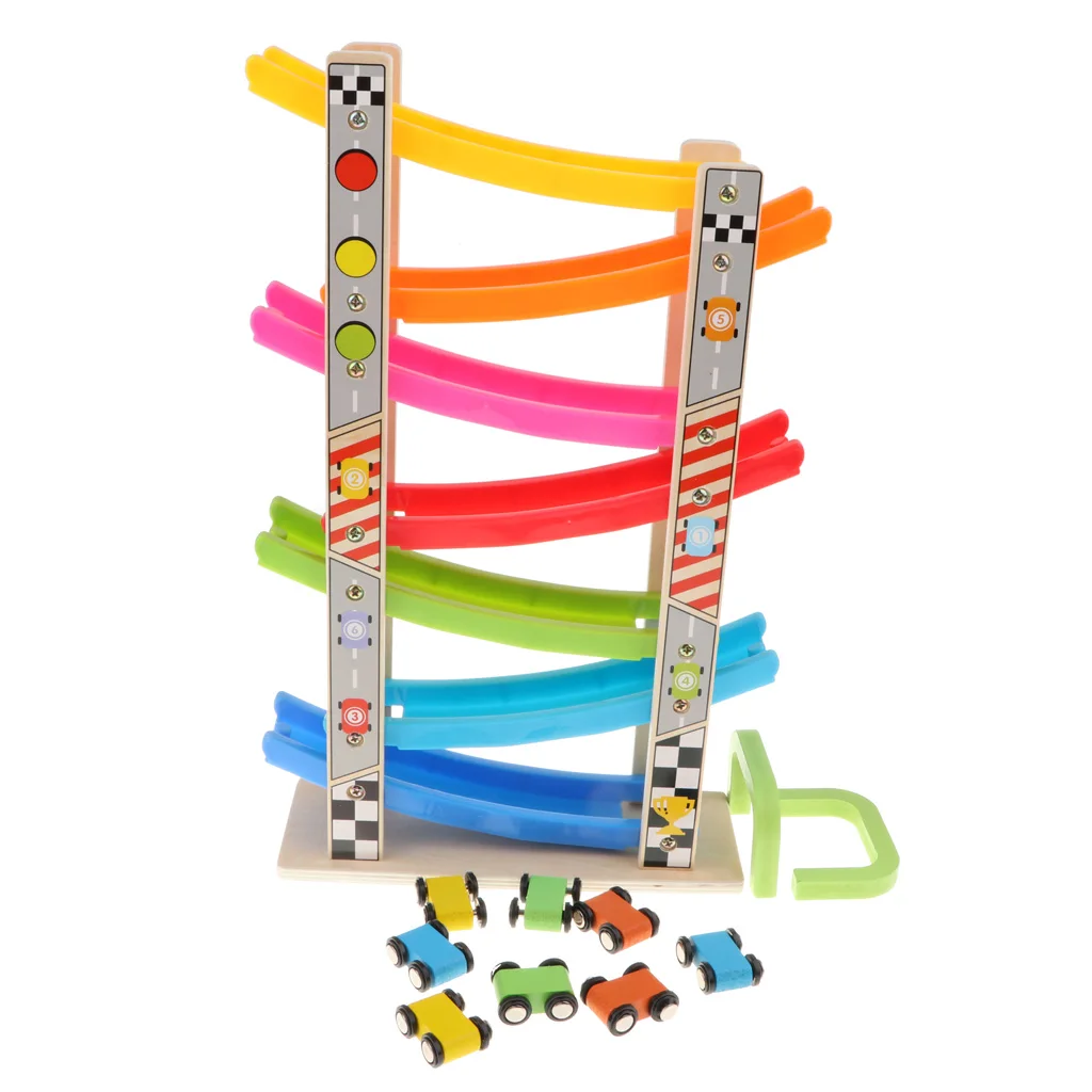 Wooden Car Ramp Race Track Vehicle Playsets with 7 Cars, 7-Layer Track Construction, Kids Toddlers Racer Game Educational Toy