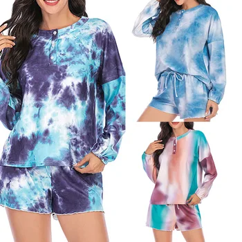 

Women's Sleep Top, Lace-up Shorts Suit, Round Collar Long Sleeves Dye Print Loose Elastic Home Clothes