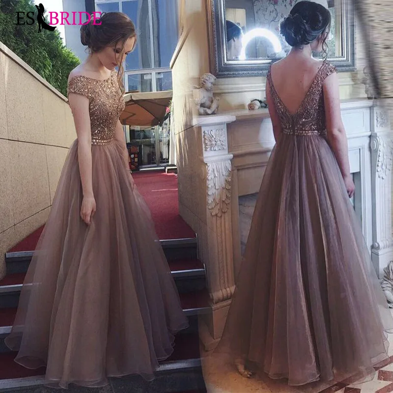 

Apricot Elegant Evening Dresses Long A-line Sexy Backless Evening Gown Women Dress Evening Party Special Occasion Dress ES2648