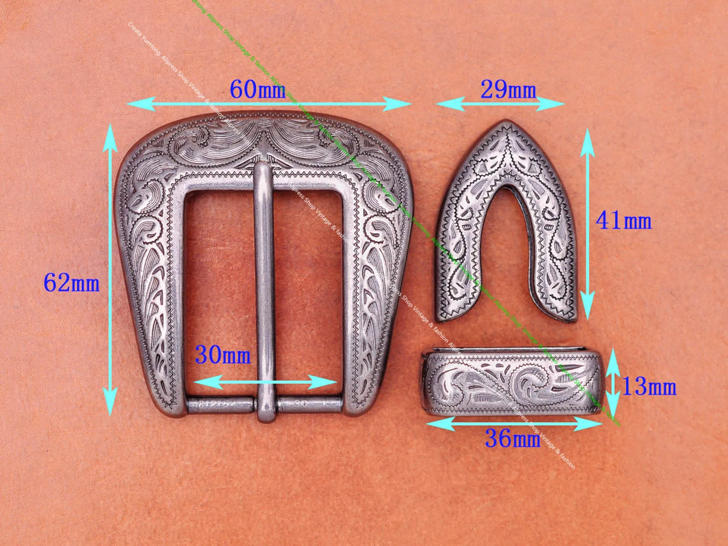 30mm Vintage Silber Western Cowboy Rodeo Floral geschnitzt Jeans Bekleidung Ledergürtel Leathercraft 3PCS Set Schnalle Ersatz – Detail 1
