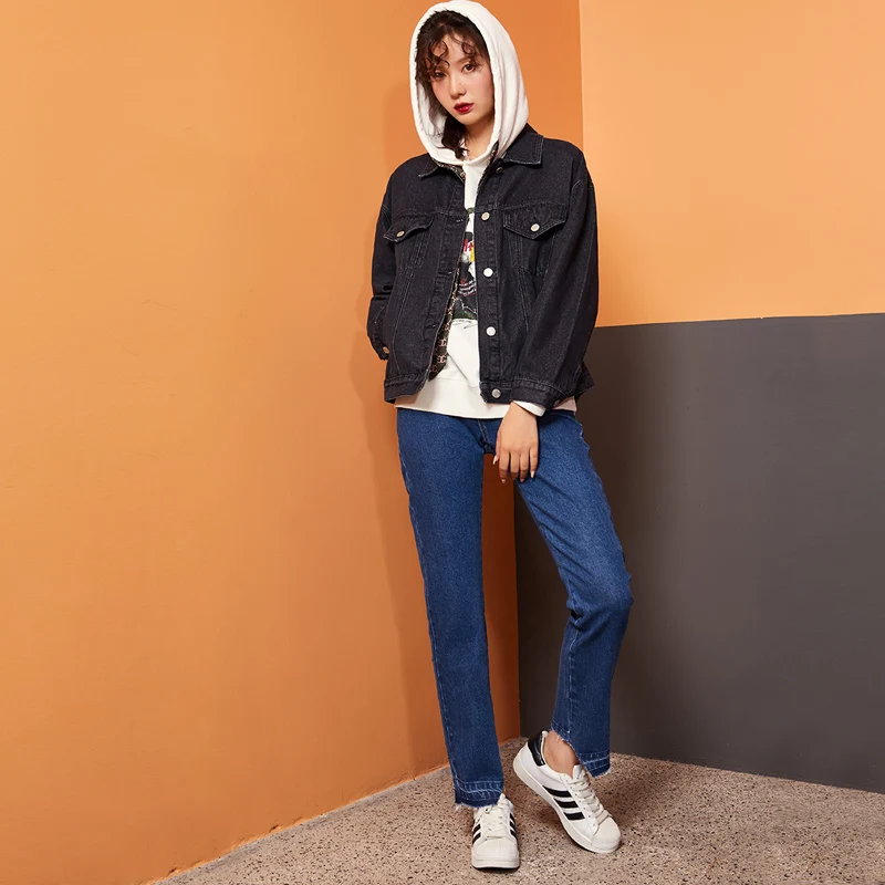 Женская длинная джинсовая куртка LEIJIJEANS простая черная и голубая однобортная