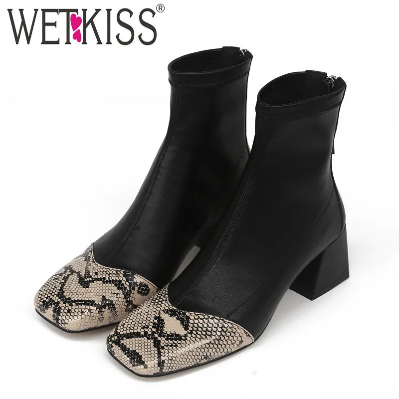 Женские ботильоны из змеиной кожи WETKISS Зимние искусственной на высоком каблуке с