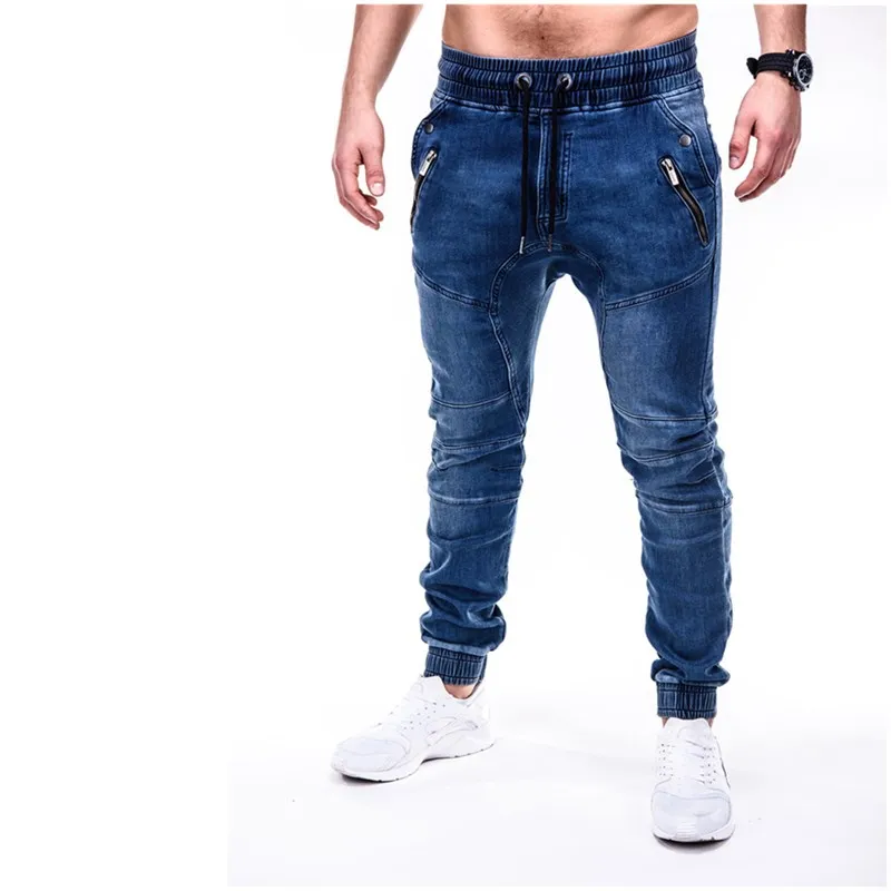 Pantalones vaqueros ceñidos con cordones para hombre, ropa de calle a la moda, ajustados, para trotar, informales, decorados, con cremallera