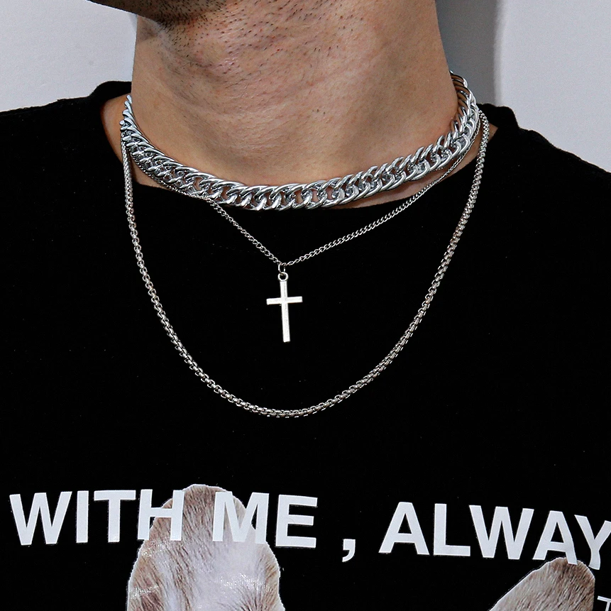 

Purui Punk Cross Pendant Choker Necklace Goth Neutral Hip Hop Chunky Silver Color Chain Men Necklace Lovers Neck Jewelry