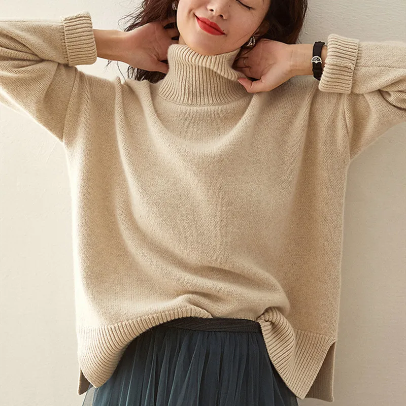 JINJIAXIANThickened turtle neck women's fashion fall/winter loose outer wear cashmere sweater women's base knitted sweater women