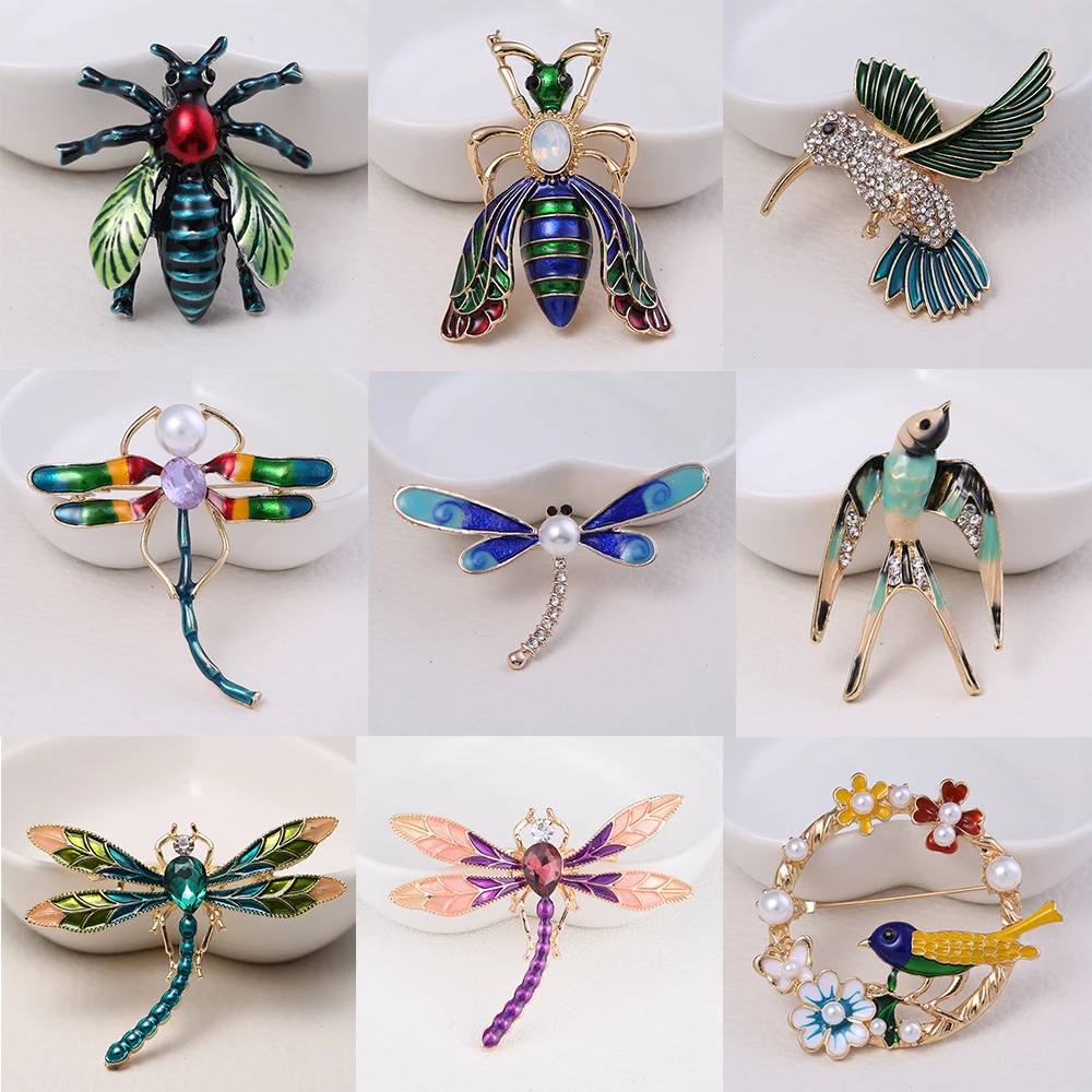 Брошь в форме стрекозы пчела насекомое птица масло металлические стразы