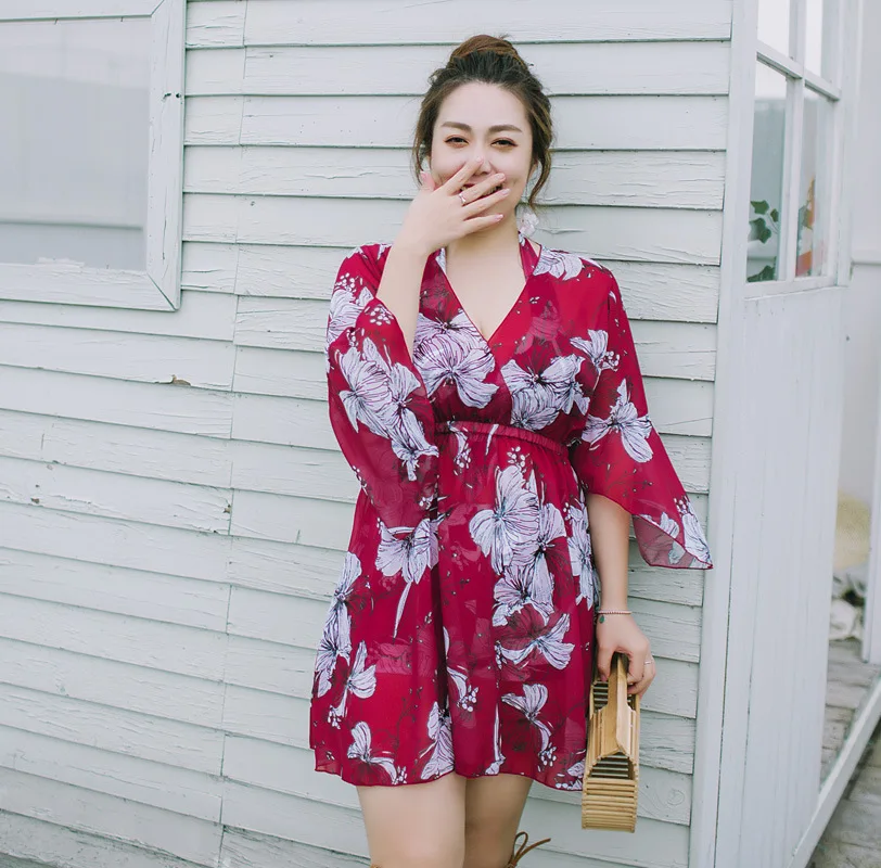 

Large Size Bathing Suit Plus-sized Womenswear Size Bikini Three-piece Set Floral Print Cover-up Conservative Boxers Sun Blocking