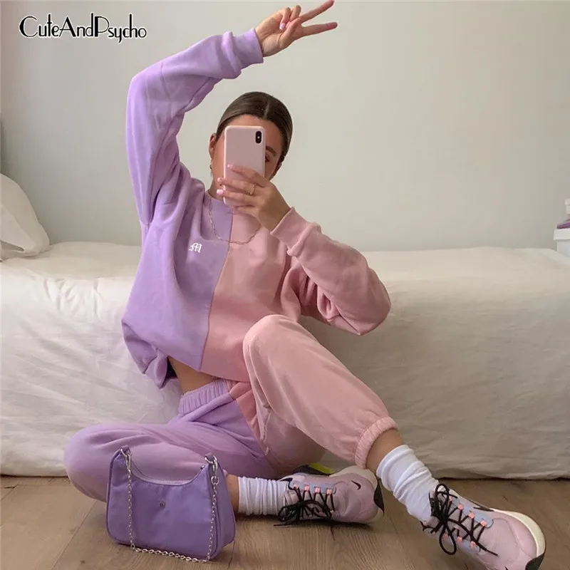 

Patchwork Female Tracksuits Two Pieces Sets 2020 Oversized Sweatshirts and Sweatpants Suits Autumn Casual Outfits Cuteandpsycho