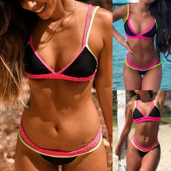 

JAYCOSIN Women's Two Piece Filled Bra Sexy Solid Patchwork Print Weaving Split Bathing Female Summer Lingerie Beachwear 19Dec12