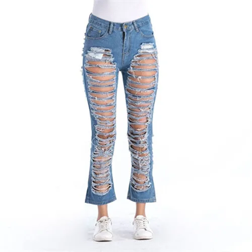 Light blue Рваные Джинсы бойфренда, женские штаны, крутые джинсы, винтажные прямые джинсы для девочек, средняя талия, повседневные женские обтягивающие джинсы для мам - Цвет: Light blue