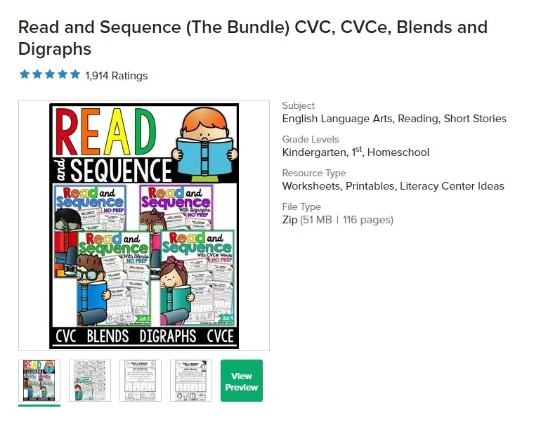 Чтение и последовательность (комплект) CVC CVCe смеси диграфы Phonics Homeschool PDF