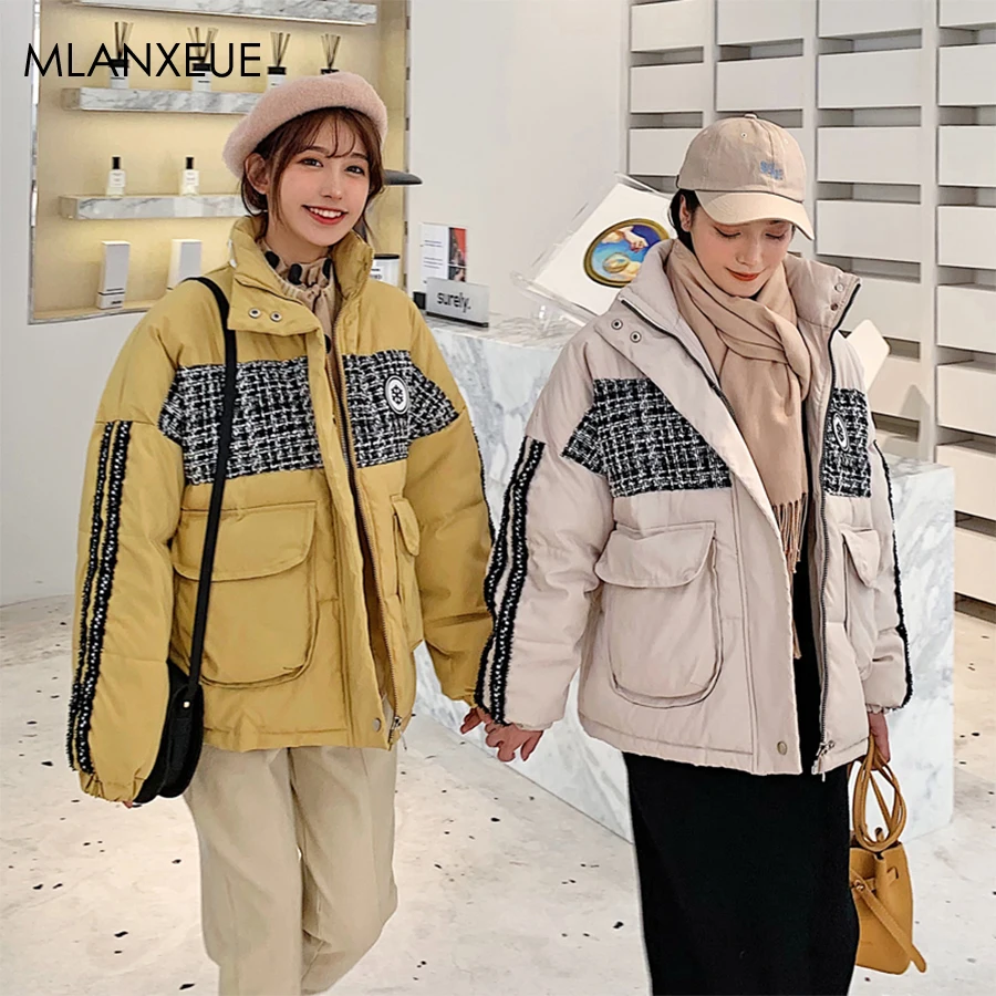 

Vogue Patchwork Parkas Women Winter Thick Cotton Coat Harajuku Parka Outerwear Big Size Warm Female Jackets Korean Vintage Coats