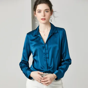 

Women Shirts Long Sleeve Silk Top 2020 Spring New Solid color Turndown collar Office Lady High Quality Women's Clothing
