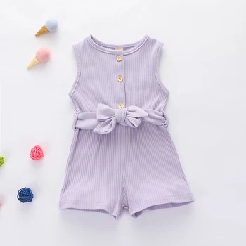 

Emmababy Newborn Baby Girl Clothes Solid Color Sleeveless Bowkbelt Knitted Cotton Romper Jumpsuit One-Piece Outfit Sunsuit Set