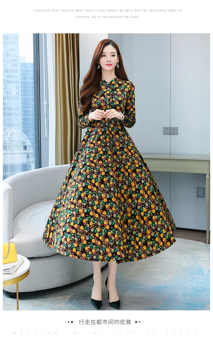 2021 Autumn New Arrival Hot Sale Stand Collar Flower Printed Long Sleeve Knitting Cotton A-LINE  Mid-Calf  Long Dress
