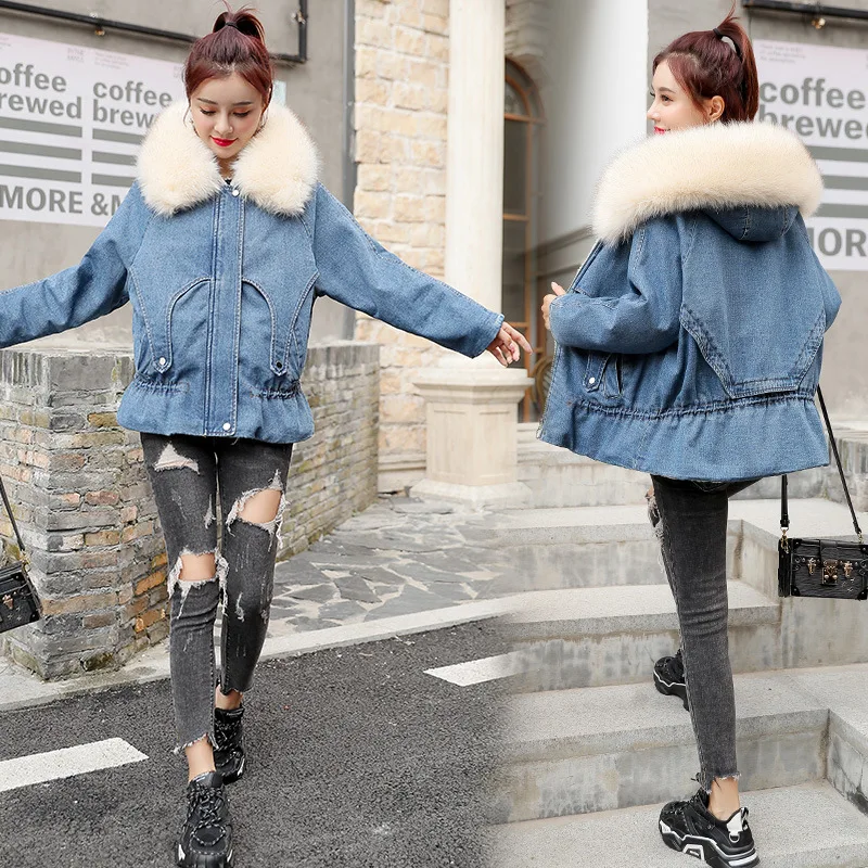 

Thick Cowboy Cotton-padded Clothes Women's Mid-length 2019 New Style Winter Short Large Fur Collar Cotton-padded Jacket Lambs Wo