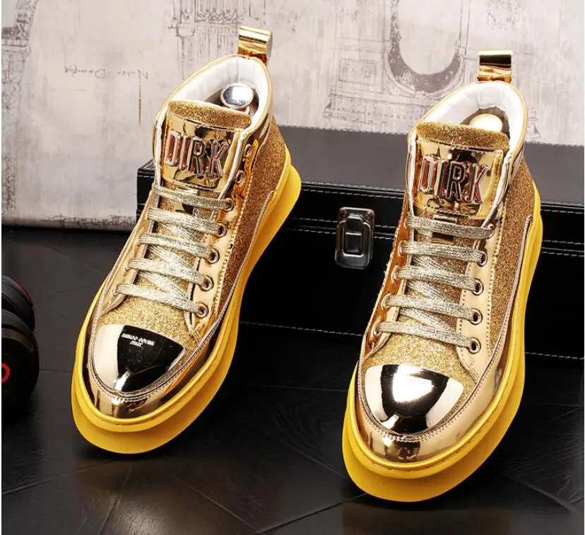 High Quality Men High Top British Style Shoes Mens Causal Luxury Shoes gold white Bottom rubber Shoe for Male Casual Ankle Boots