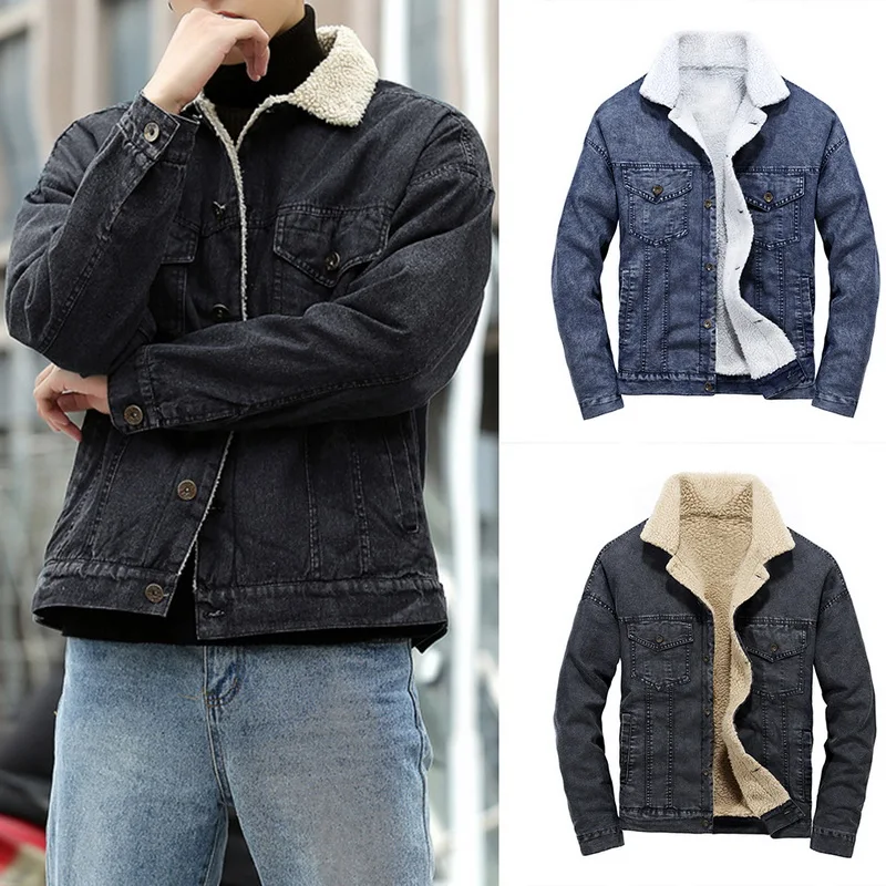 

Casual Fleece Warm Jacket Men Clothing Chaquetas Winter Thick Jeans Jackets Denim Coats Lapel Button Outerwear Casaco Masculino