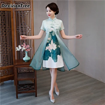 

2020 Chinese Dress green satin sexy traditional chinese women dress arrival flower short qipao novelty vietnam aodai cheongsam