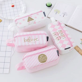

1PC Grid Canvas Pink Pencil Case Kawaii Large Capacity Pencil Storage Bag School Supplies Stationery For Girls Students Gifts