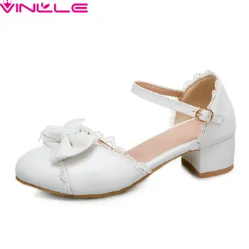 

VINLLE 2020 Butterfly-Knot Round Toe Hollow Buckle Women Pumps Spring Summer Square Heel Sweet Ladies Single Shoes Big Size34-43