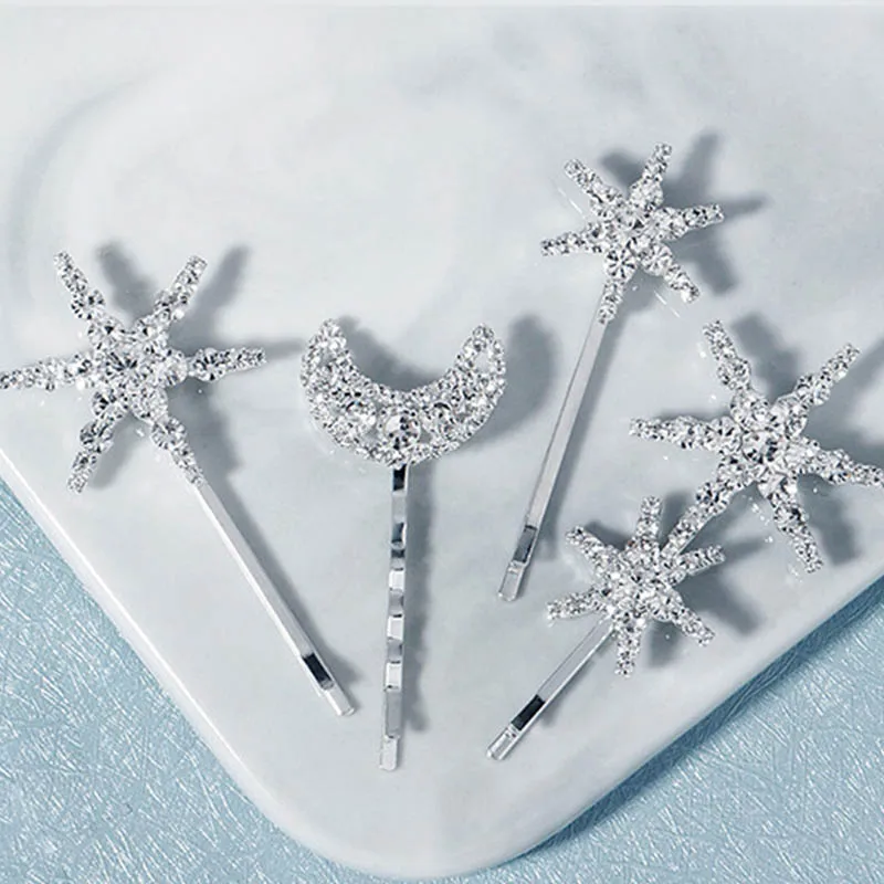 

Temperament Retro Star Moon Pattern Design Hair Clip Faux Rhinestone Silver Color Simple Hairpins Girls Hair Decoration LL@17