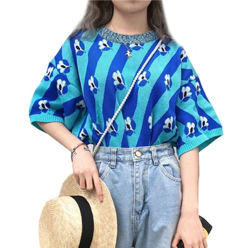 

Knitted Tshirt Women Spring Summer Korean Short Sleeve Jumper Chic New Striped Tops Harajuku Loose O Neck Blue Tee Shirt Girls