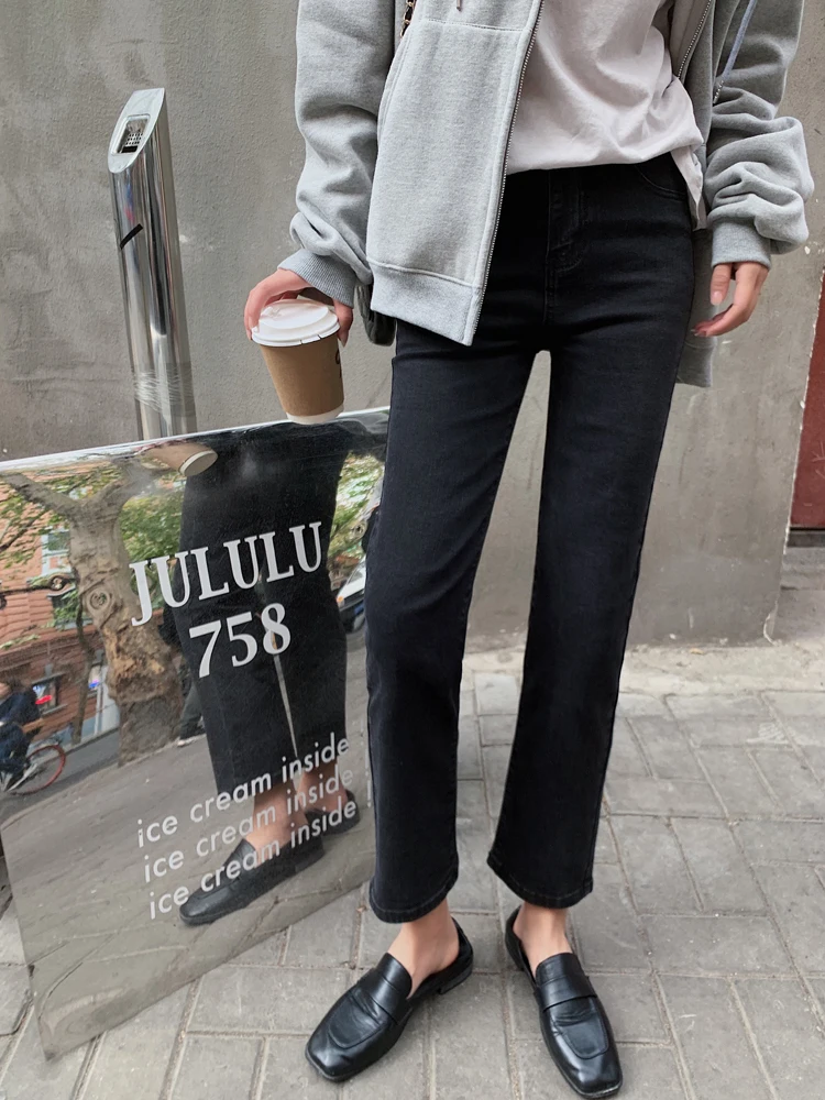 

2020 Spring And Autumn New Solid Color Slim High Waist Wild Jeans Women's Fashion Casual Was Thin Thin Straight Pants BlackS-2XL