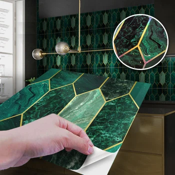 

10Pcs Green Gilding Luxurious Mosaic Tile Wall Sticker Waterproof DIY Bathroom Sticker for Kitchen Home Decor 20x20cm
