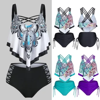 

Sexy Bikini Push Up Swimwear Women Boh Print Push-Up Flounce Crisscross Tankini Swimsuit High Waisted Bikini Set maillot de bain
