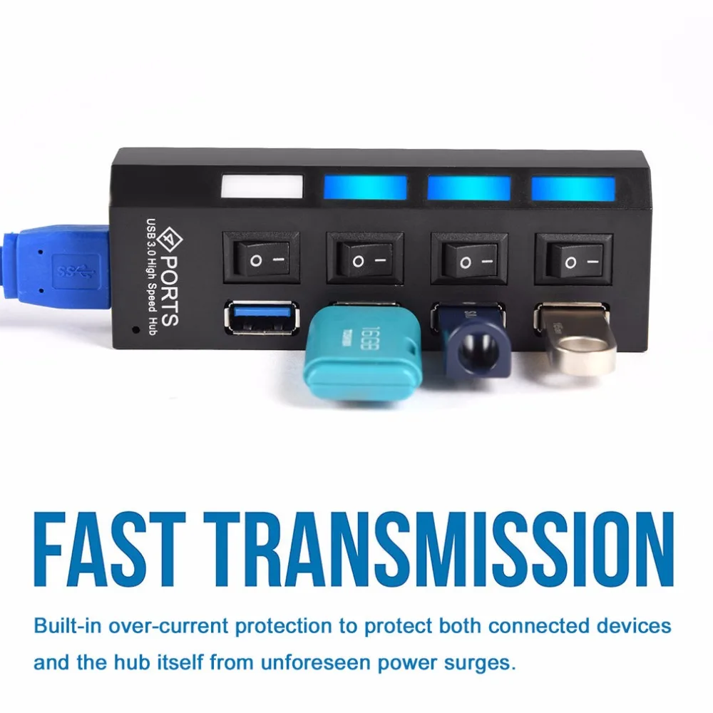 4 порта USB 3,0 Суперскоростной концентратор 5 Гбит/с переключателем ВКЛ/ВЫКЛ для Windows для Mac OS для Linux PC ноутбук черный