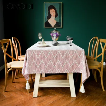 

TONGDI Table Cloth Mediterranean Wave Lace Fringed Embroidery Durable Environment Decor For Home Living Dining Room Kitchen