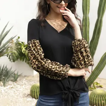 

Grace Karin Chiffon Elegant Ladies Tops And Tees Bowing Leopard Long Sleeve shirt Women Lantern Sleeve Tee Shirt Casual Shirt