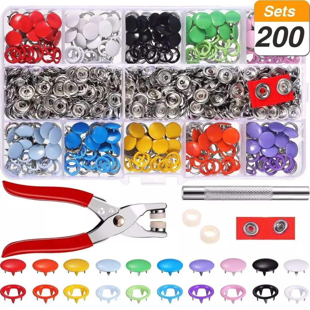 Snap Fasteners Tool Kit Hollow and Solid Metal Prong Snaps Buttons  Clothing Leather Crafting Sewing, (200 Sets,10 Colors,9,5mm)